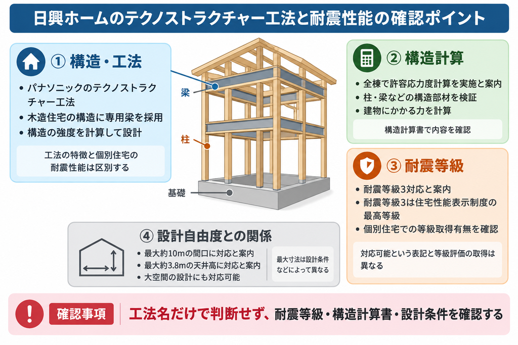 日興ホームのテクノストラクチャー工法と構造計算・耐震等級3対応の関係を示した図