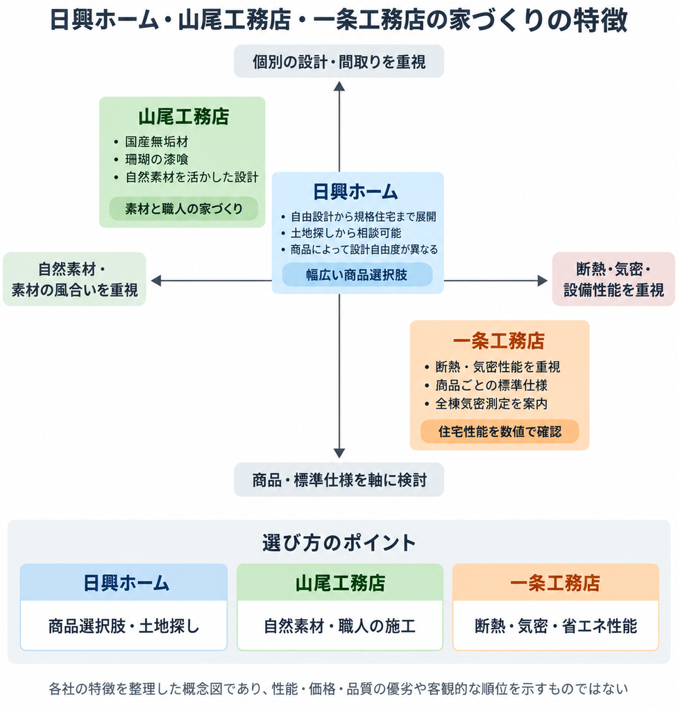 日興ホーム・山尾工務店・一条工務店を自然素材と住宅性能、設計自由度の2軸で比較した図