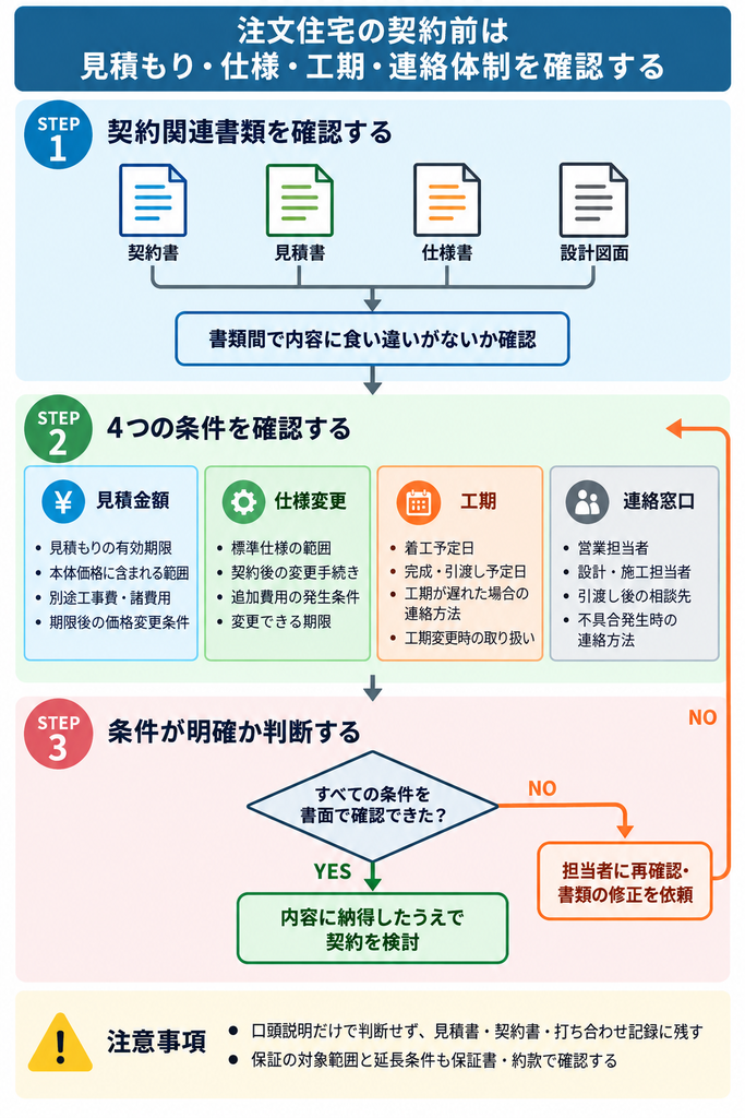 注文住宅の契約前に見積金額・仕様変更・工期・連絡窓口を確認する判断フロー図