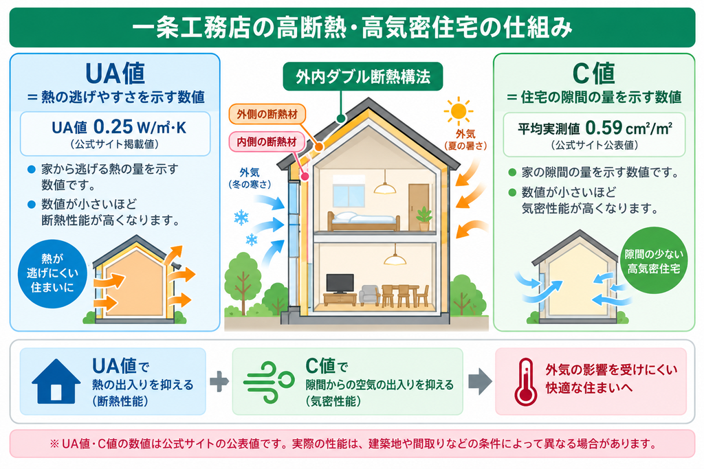 一条工務店の外内ダブル断熱構法と、UA値・C値が示す断熱性能・気密性能の違いを説明した図解 