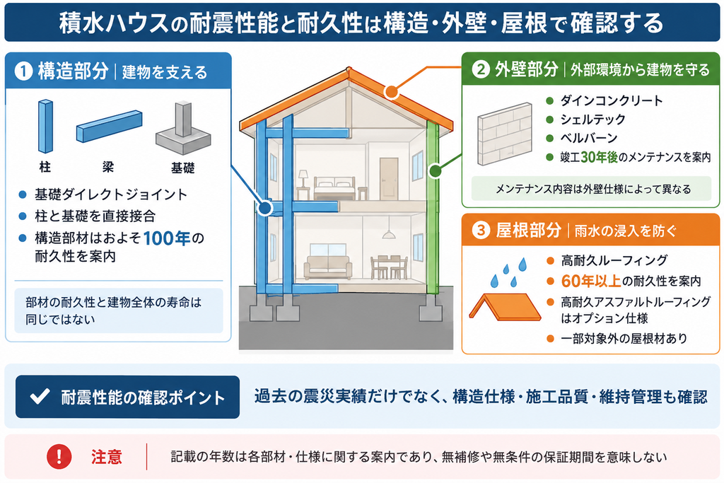 積水ハウスの住宅断面を用い、構造部材・外壁・屋根防水の耐久性とメンテナンスの関係を示した図解