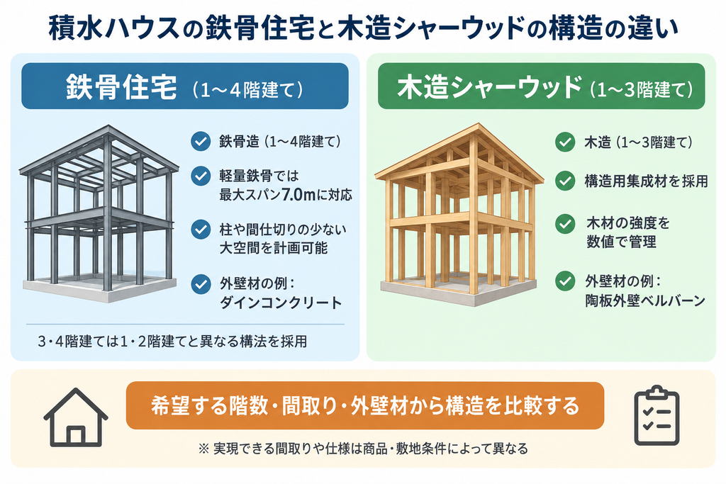 積水ハウスの鉄骨住宅と木造シャーウッドについて、構造・階数・間取り・外壁材の違いを比較した図解