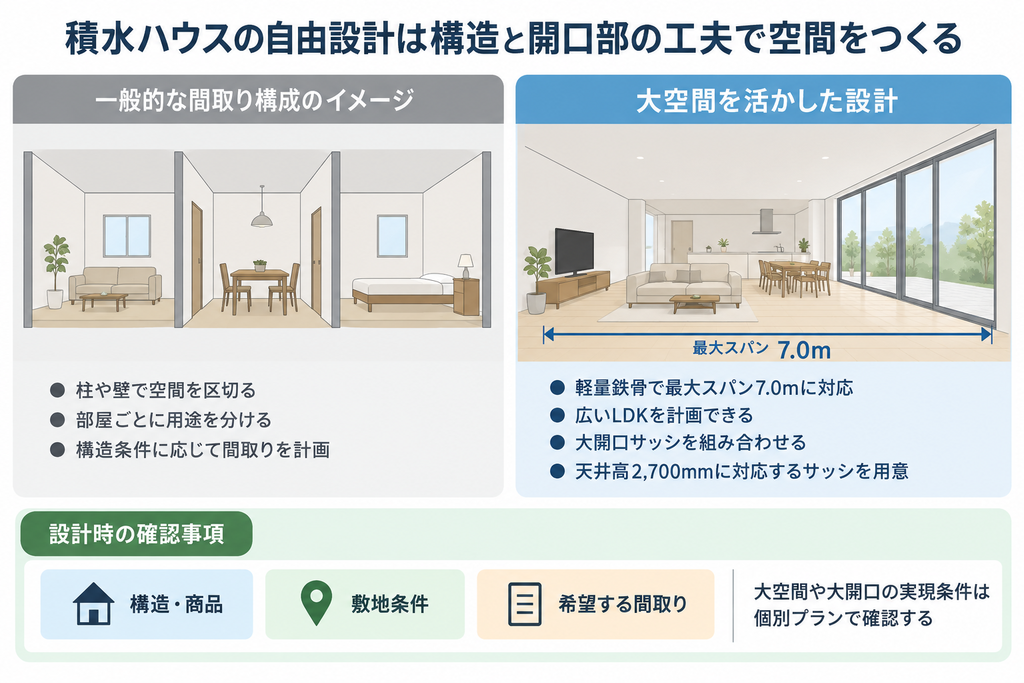 柱や間仕切りのある空間と大空間の設計を比較し、積水ハウスの自由設計の特徴を示した図解