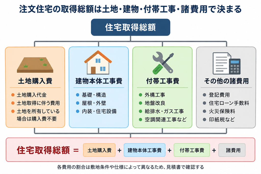 注文住宅の取得総額を土地購入費・建物本体工事費・付帯工事費・諸費用の4つに分けた構成図