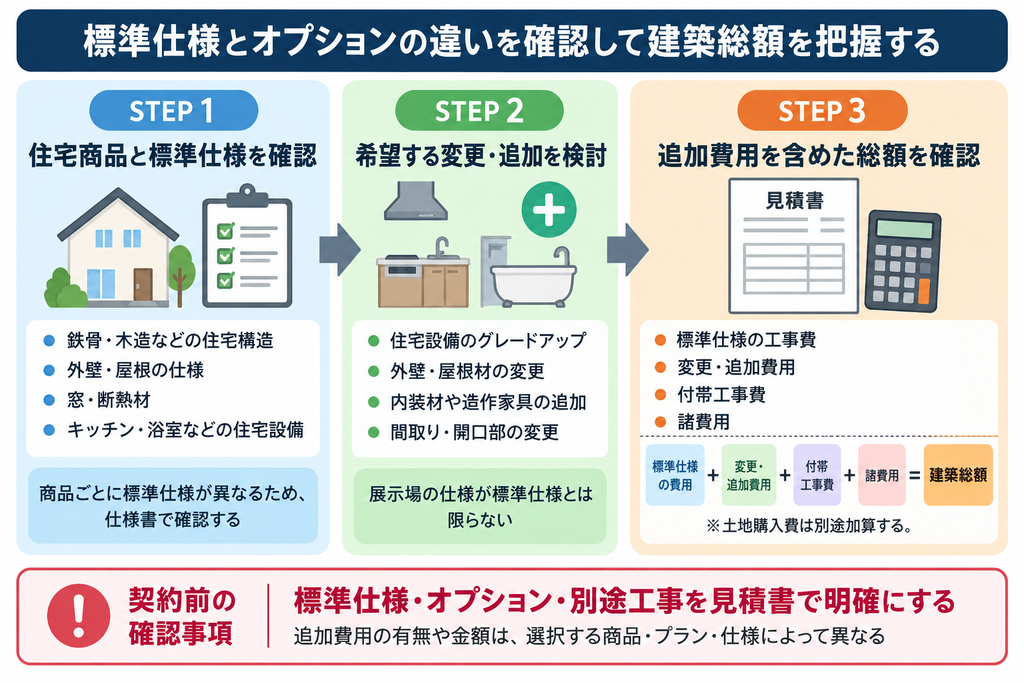 積水ハウスの標準仕様を確認し、設備変更やオプションによる追加費用を建築総額に反映する流れを示した図解