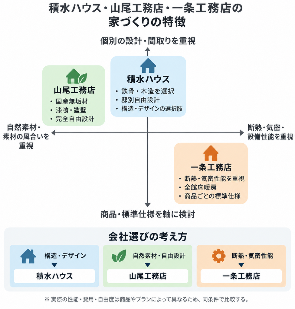 積水ハウス・山尾工務店・一条工務店を自然素材・住宅性能・設計自由度の観点で整理したポジションマップ