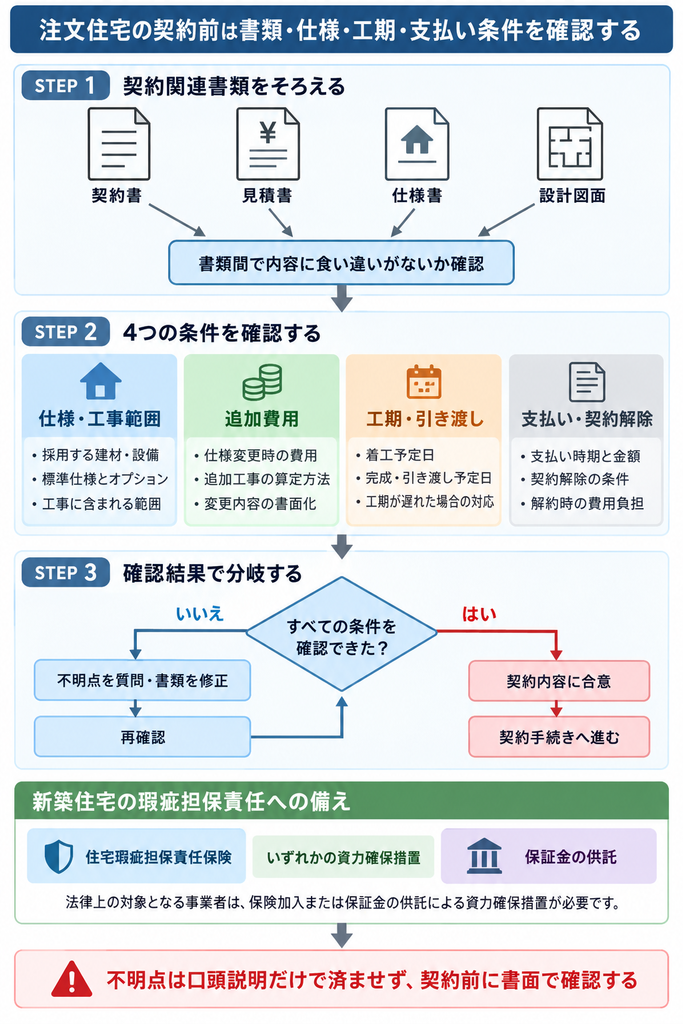 注文住宅の契約前に契約書・見積書・仕様書・図面を照合し、仕様・工期・支払い条件を確認するフロー図