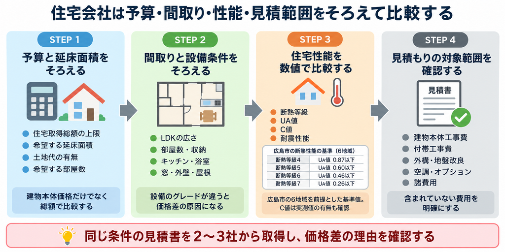 注文住宅会社を予算・間取り・断熱性能・見積範囲の4ステップで公平に比較する方法を示した図解