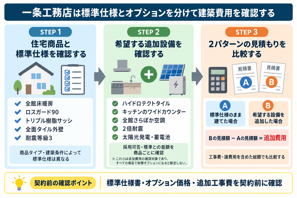 一条工務店の標準仕様と追加設備を確認し、オプション費用を含む見積もりを比較する流れ