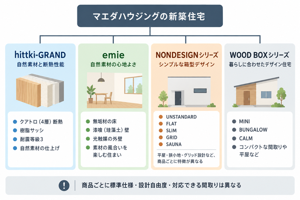 マエダハウジングの4つの住宅商品群を自然素材・断熱・デザインの特徴別に分類した図