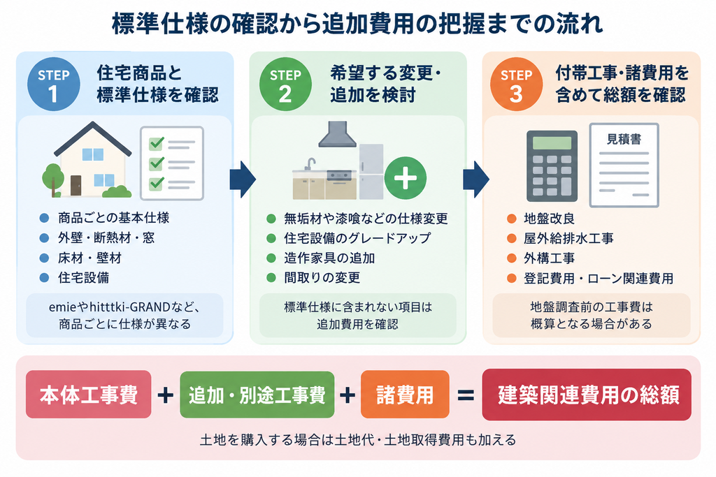 標準仕様の確認からオプション追加、付帯工事費を含む見積総額までの流れを示す図