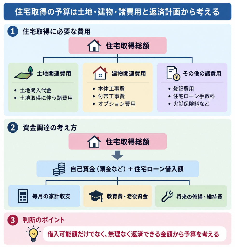 土地代・建物費・諸費用から住宅取得総額を整理し、頭金と住宅ローンの関係を示す図