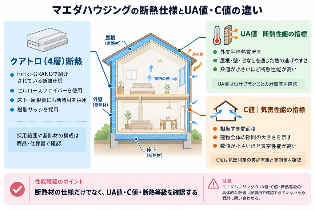 マエダハウジングの4層断熱と、断熱性能を示すUA値・気密性能を示すC値の違いを説明した図