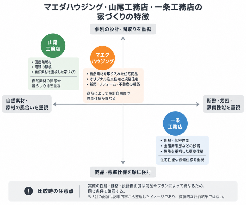 マエダハウジング・山尾工務店・一条工務店の自然素材、住宅性能、設計方針の違いを示す図
