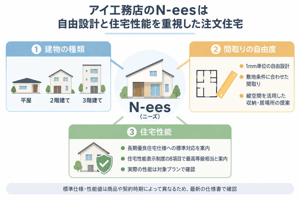アイ工務店のN-eesについて、建物の種類・自由設計・住宅性能の3つの特徴を示す図