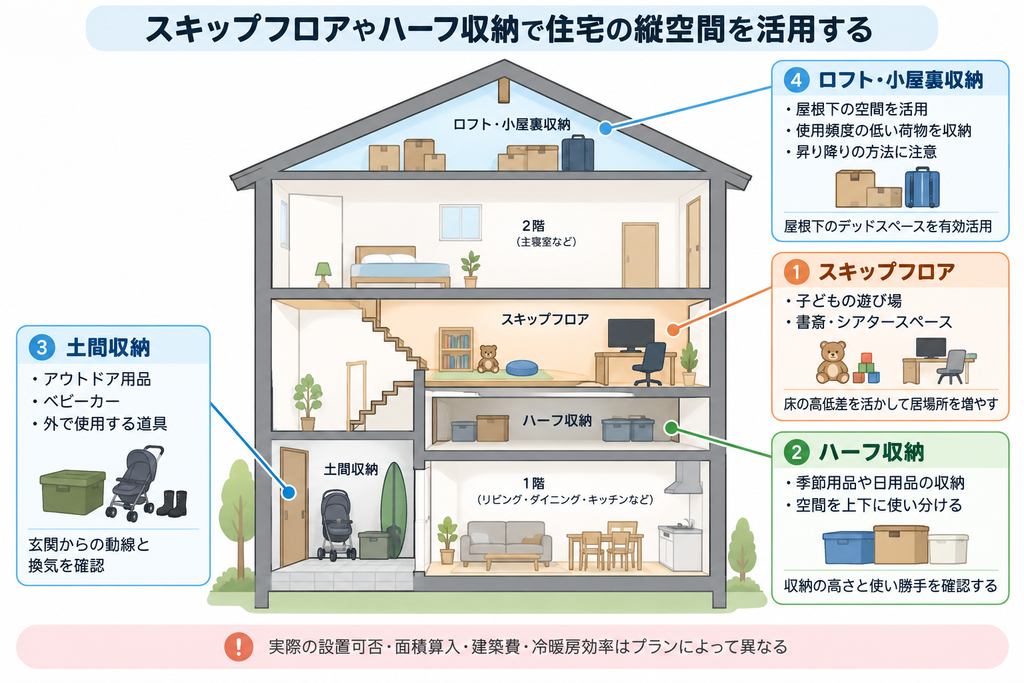 住宅断面を使い、スキップフロア・ハーフ収納・土間収納・ロフトの位置関係を示す図