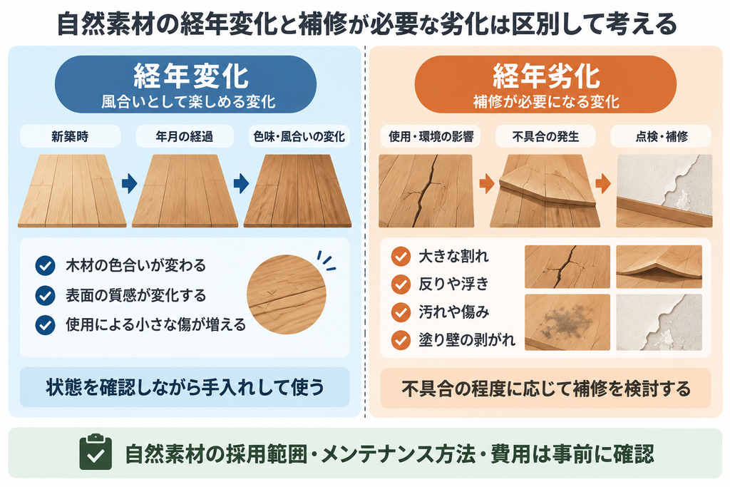 自然素材の色味や風合いの経年変化と、割れ・反りなど補修が必要な経年劣化を比較する図